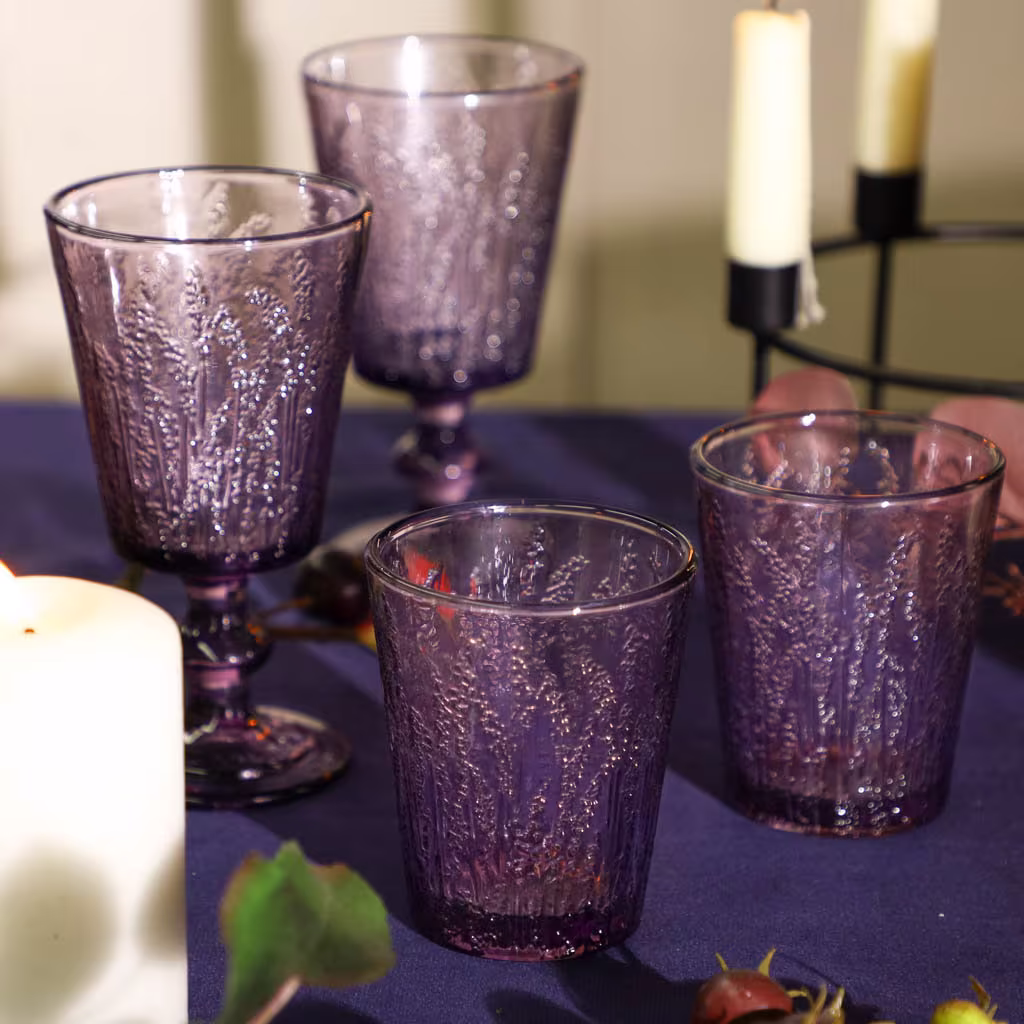 Purple Embossed Glassware Botanical Lavender Dishwasher Safe Set Of 4 Wine Goblets/Tumblers High Quality Daily Dining Collection