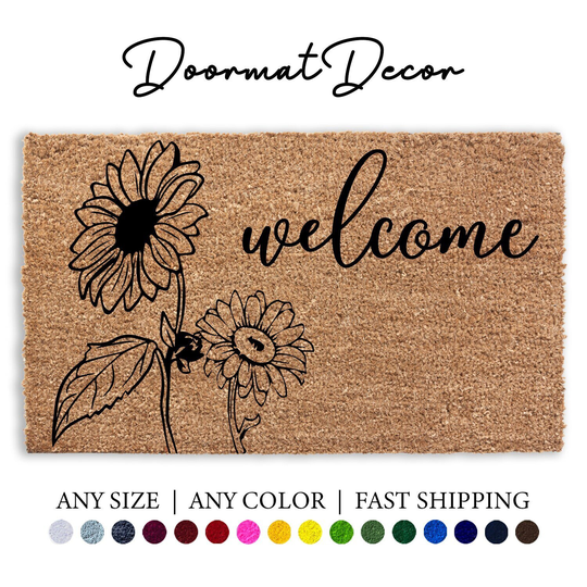Sunflower Welcome Doormat, Flower Bouquet Flocked Coir Outdoor Mat, Personalized Door Custom Plant Floral Gift