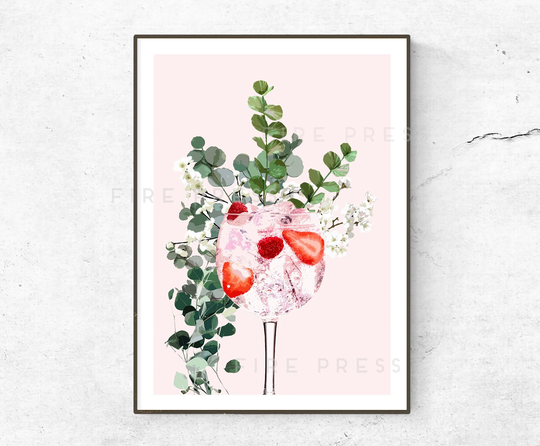 Pink Gin Glass Poster/Print Fashion Wall Art Kitchen Alcohol Floral Pastel