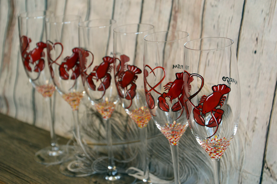 2 Hand Painted Toasting Flute Personalized Champagne Glass Lobster Party