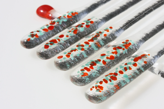 Swizzle Sticks, Set Of Six Teal & Orange Fused Glass Cocktail Stirrers For Parties