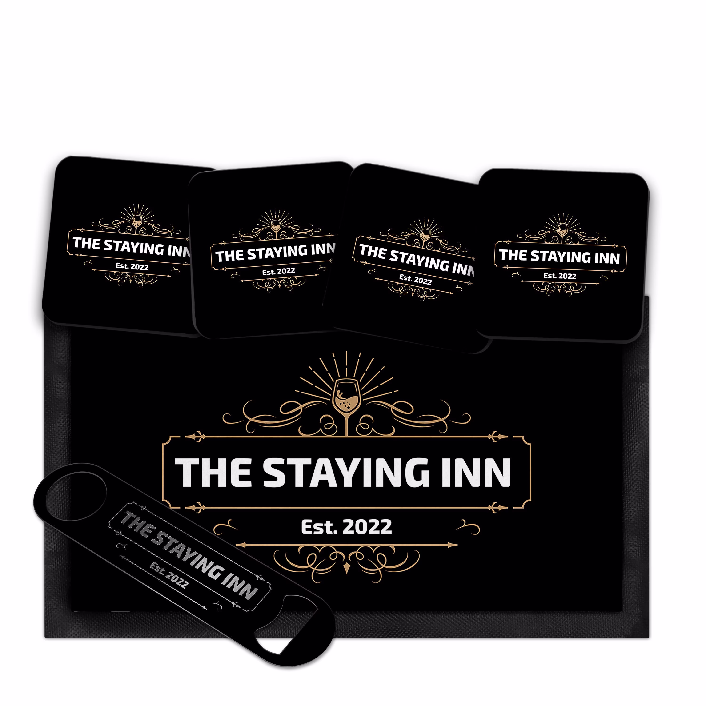 Personalised Bar Runner Mat, Custom Beer Mats & 4 X Drinks Coasters Gift Set Garden Sets/Home