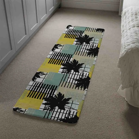 Lerma Shape and Leaf Print Designer Shaggy Black/Yellow/Green Rug