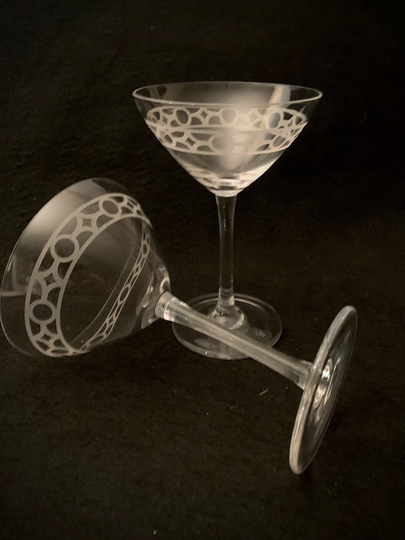 Vintage Coupe Martini/ Cocktail Glasses With Etched Geometric Band - Set Of | 2