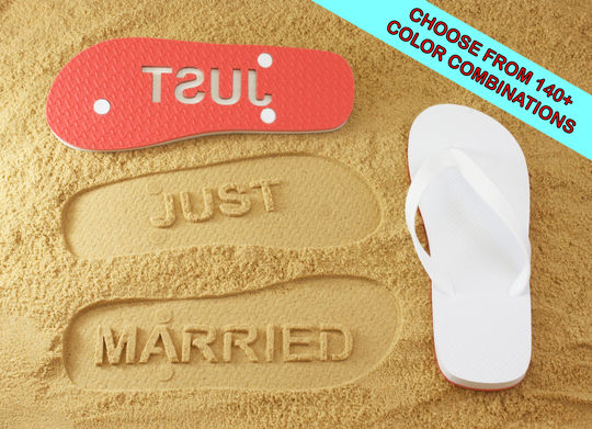 Just Married Flip Flops - Custom Sand Imprint Sandals For Beach Weddings, Bride & Groom. Available in 140+ Color Combinations