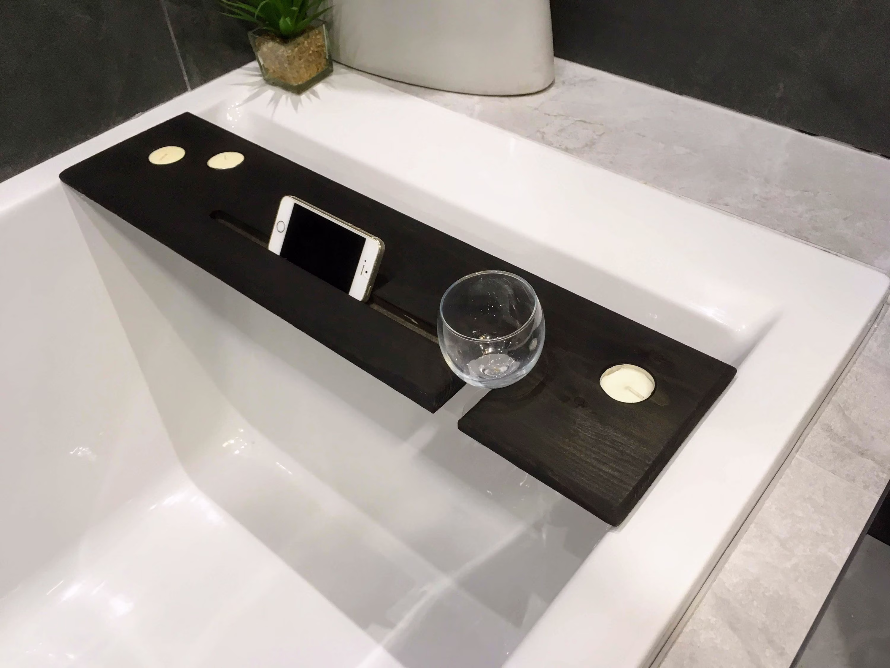 68 - 88cm Handmade Black Bath Board/Shelf Caddy With Wine Glass, Tea Light & Iphone Tablet Slot | Comes Tealights