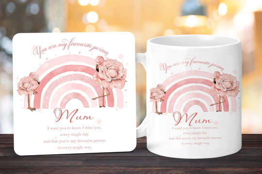 Personalised Flamingo Mug Gift, Rainbow Mug, Favorite Person & Coaster Gift Set, Inspirational