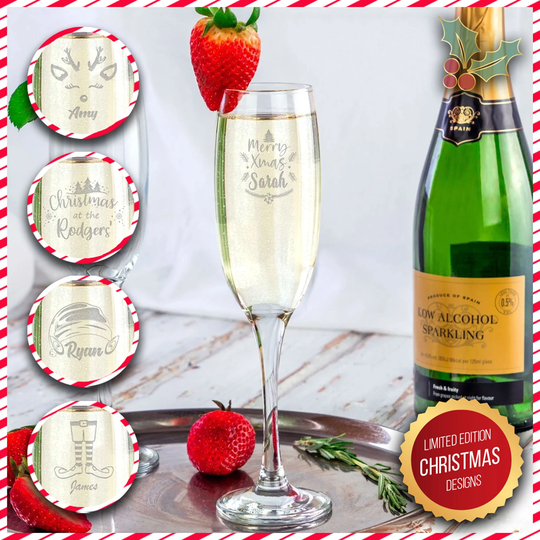 Personalised Champagne Flute Glass Engraved Christmas Glasses Gift, Xmas Flute Prosecco Glassware, Festive Etched Drinking
