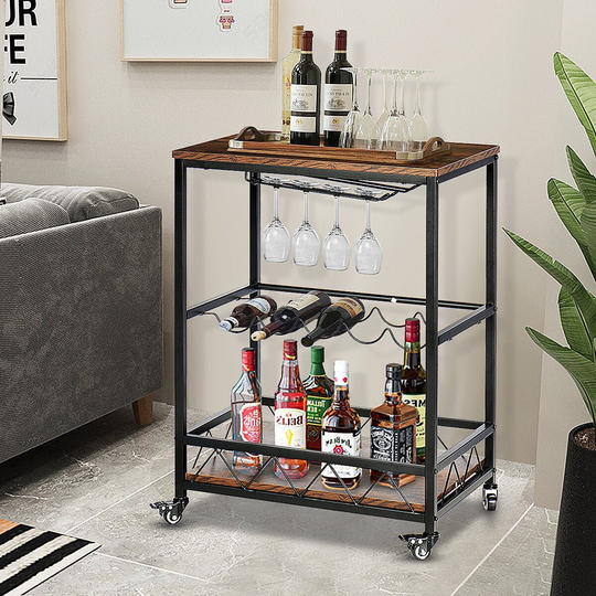 Industrial Bar Carts On Wheels With Wine Rack & Glass Holder Outdoor Wood Metal Serving Cart 3 Tier Storage Portable For Home