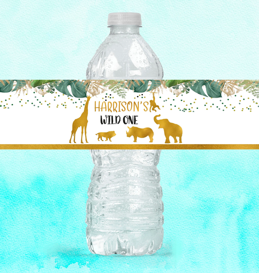 Waterproof Physical Safari Animals Bottle Label, Jungle Water Labels, Boy Birthday Tropical Zoo Party