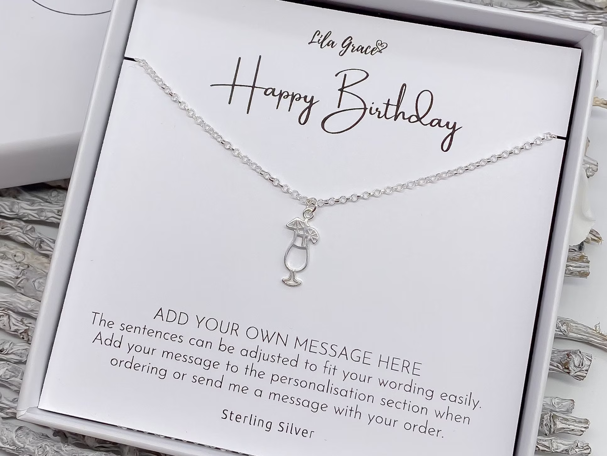 sterling Silver Cocktail Birthday Necklace - Personalised Gifts Womens Girls Gift For Her Cute Pretty Drinks Alcohol Gin