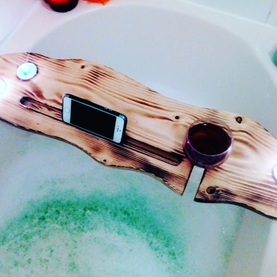 68cm Handmade Burnt Teak Live Edge Bath Board/Shelf Caddy - Wine Glass Tealights & Phone Tablet Slot