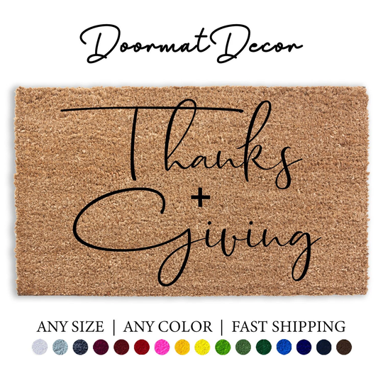 Thanks+Giving Doormat, Thanksgiving Rug Decor, Thankful Flocked Coir Outdoor Welcome Door Mat, Holiday Fall Autumn Halloween