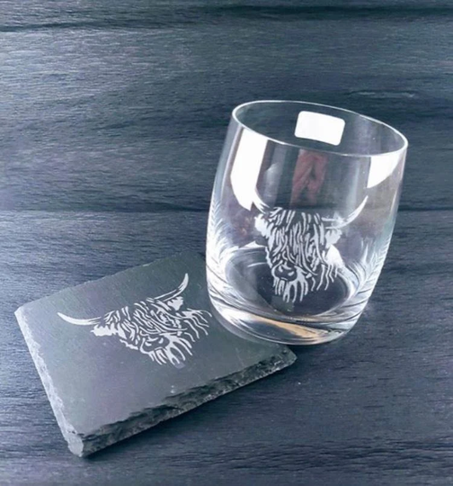 Highland Cow Engraved Crystal Whisky Glass Tumbler Gift With Rustic Slate Coaster Set