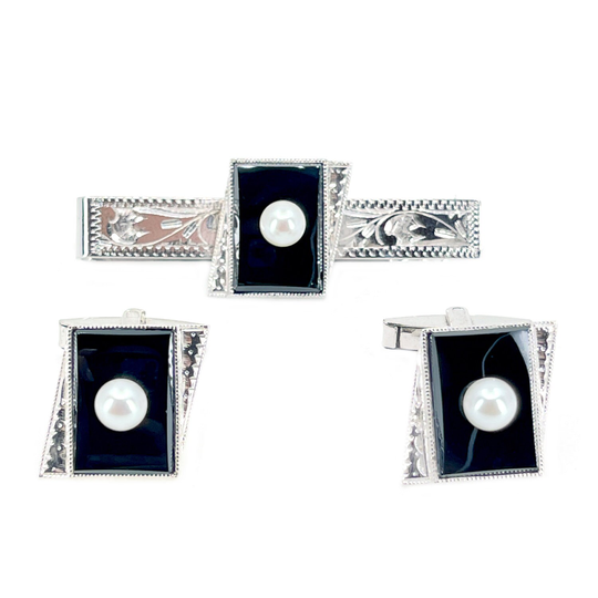 Engraved Mid Century Modern Japanese Akoya Saltwater Cultured Pearl Black Onyx Cufflinks & Tie Bar Set - Sterling Silver