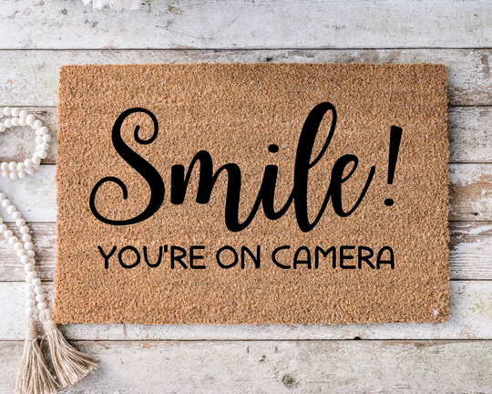 Smile You're On Camera, Funny Doormat, Housewarming Gift, Welcome Mat, Door Closing Wedding Gift - 155