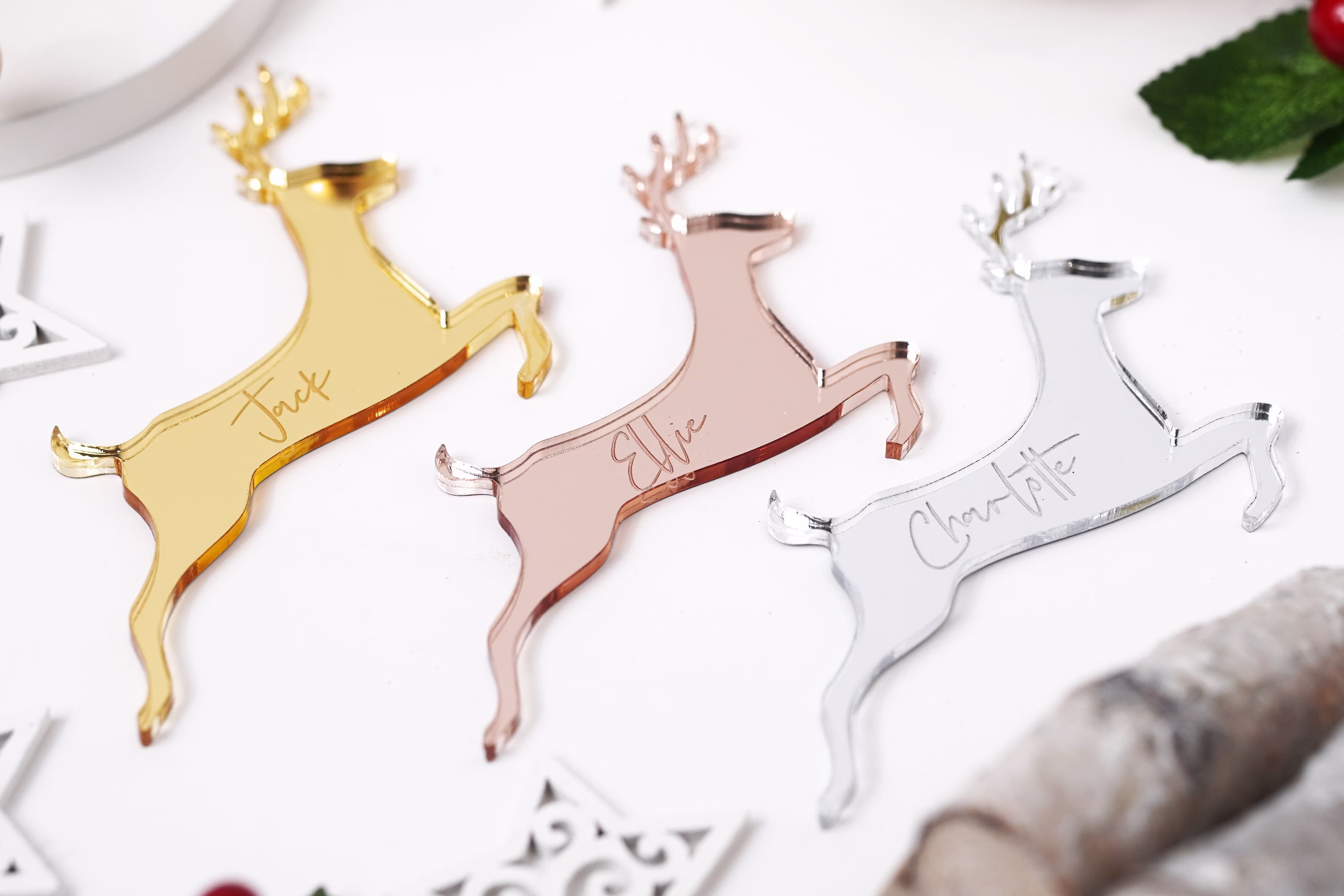 stag Place Setting Names, Winter Rustic Wedding Table Decorations Christmas Name Cards Wine Charm Favours