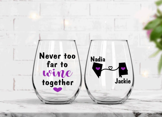 Never Too Far To Wine Together Stemless Glass, Best Friend Long Distance Friendship Gift, Moving