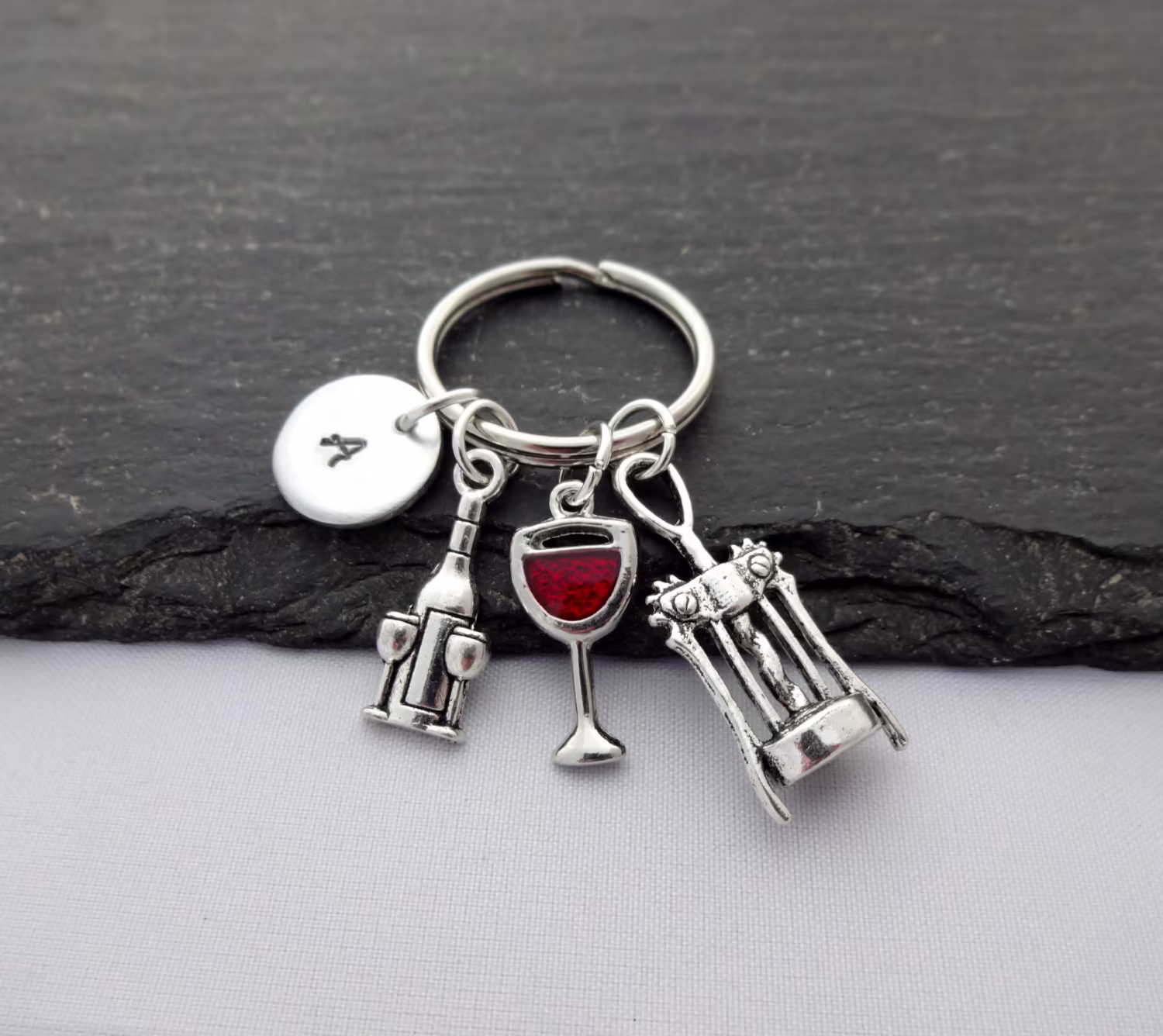 Initial Wine Keyring, Hand Stamped Lover, Keychain, Charm Keyring, Wine Gifts, Personalised Gift