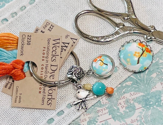 Peaceful Birds ~ Thread Keep & Needle Minder Needlework Accessory Set Aqua Blue, Orange, Yellow Great Gift Cute Bird Pendant
