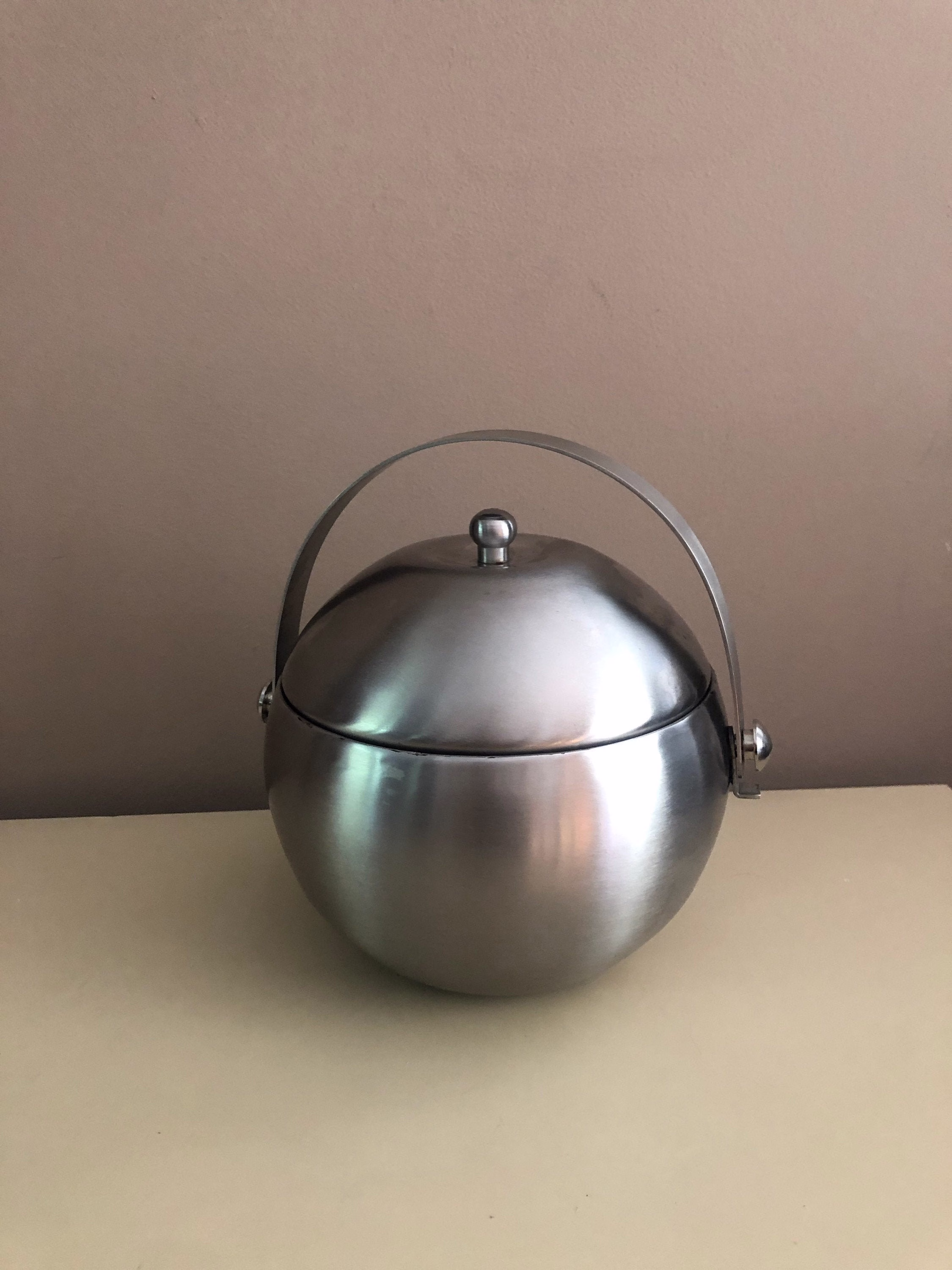 Vintage Midcentury Modern Chrome Sputnik Ball Ice Bucket Wine Cooler - Stainless Steel Spherical With Handle Modernist Mcm