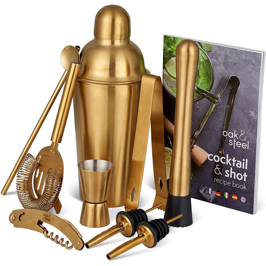 Oak & Steel 10 Pcs Stainless Steel Gold Cocktail Making Kit, Complete Mixology Tool with Recipe Book Gift Set