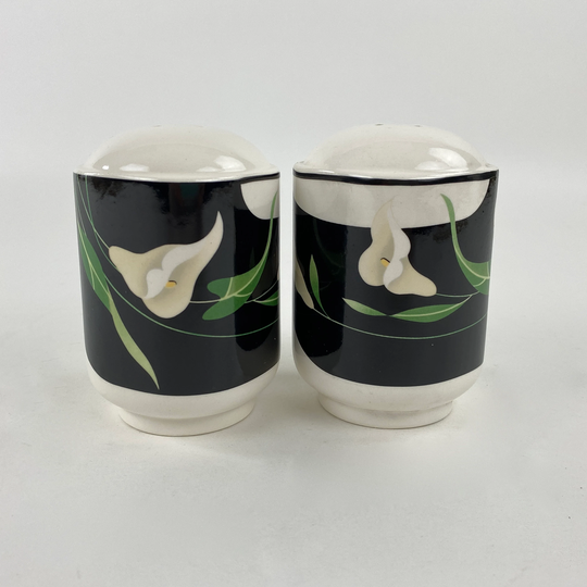Sango Quadrille Black Lillies Salt & Pepper Shakers 5101, Semi Porcelain