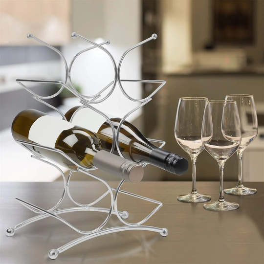 Stainless Steel Metal Wine Bottle Countertop Rack - Holds 6 Bottles - 3 Tier Free Standing Table Top Holder Shrine For Storage And Display - For Kitch