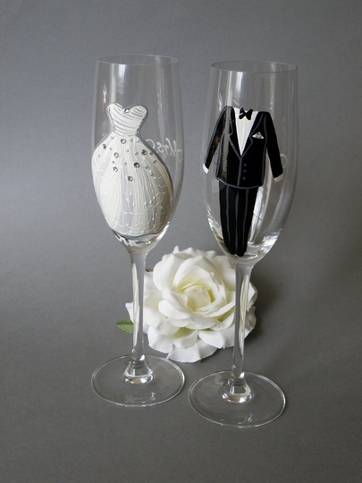 Hand Painted Wedding Toasting Flutes Set Of 2 Personalized Champagne Glasses Dress With Crystals & Suit