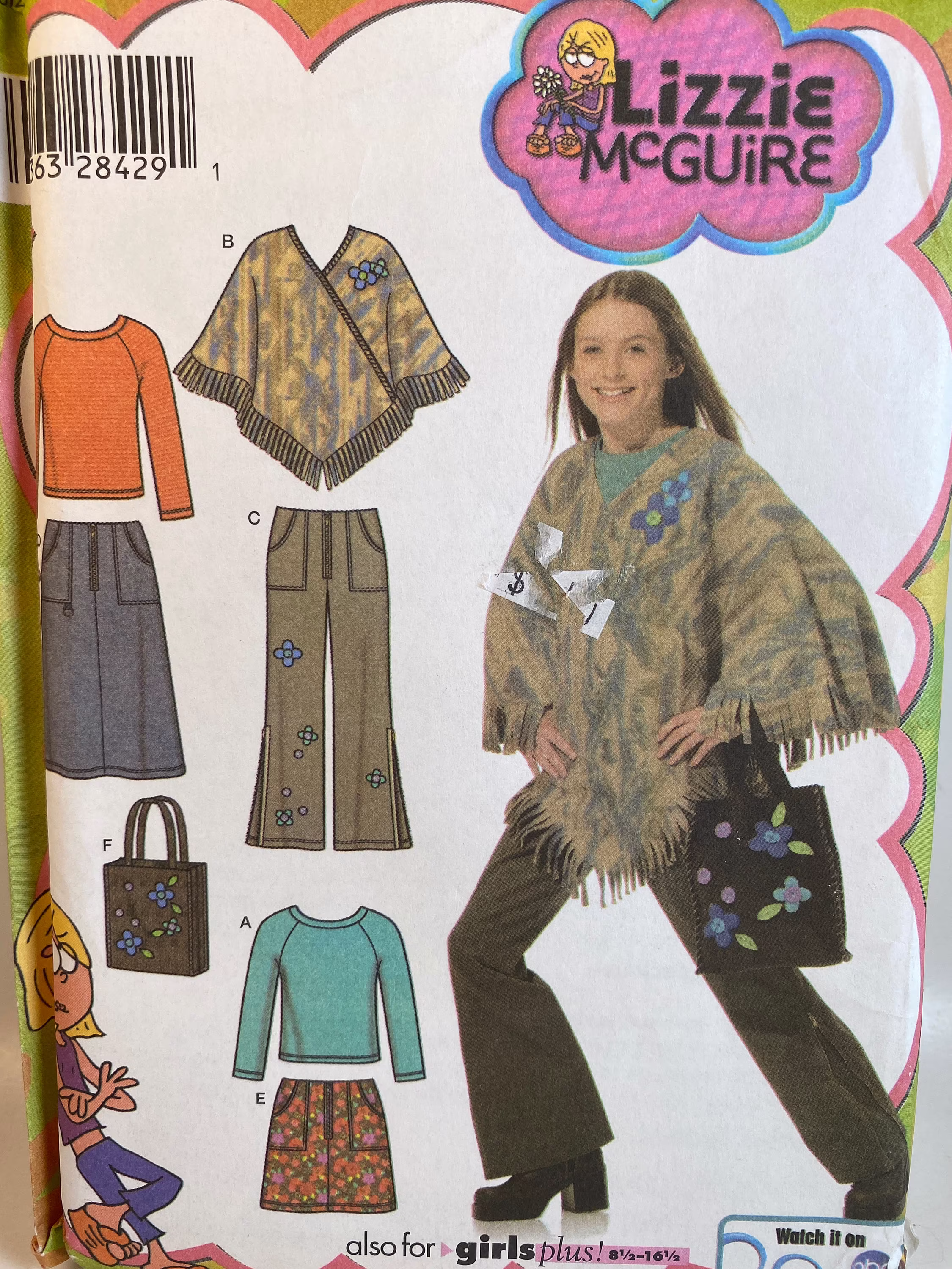 Girl's Poncho, Simplicity 4897, Sewing Pattern, Lizzie Mcguire, Skirt in Two Lengths, Long Pants, Capri Knit Top, Fabric Tote Bag