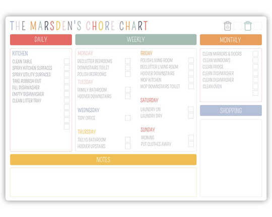 A3 Personalised Dry Wipe Whiteboard Household Chores Checklist - Wipe Clean Family Cleaning Planner Notes Shopping Bins