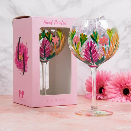 Tropical Leaves Cocktail Gin Glass Balloon Floral Handpaint Design Glassware