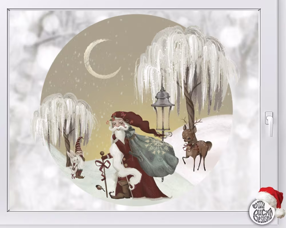 Vintage Father Christmas Window Decal - Santa Snowy Winter Scene Cling Sticker Reusable Seasonal Decoration By Dizzy Duck