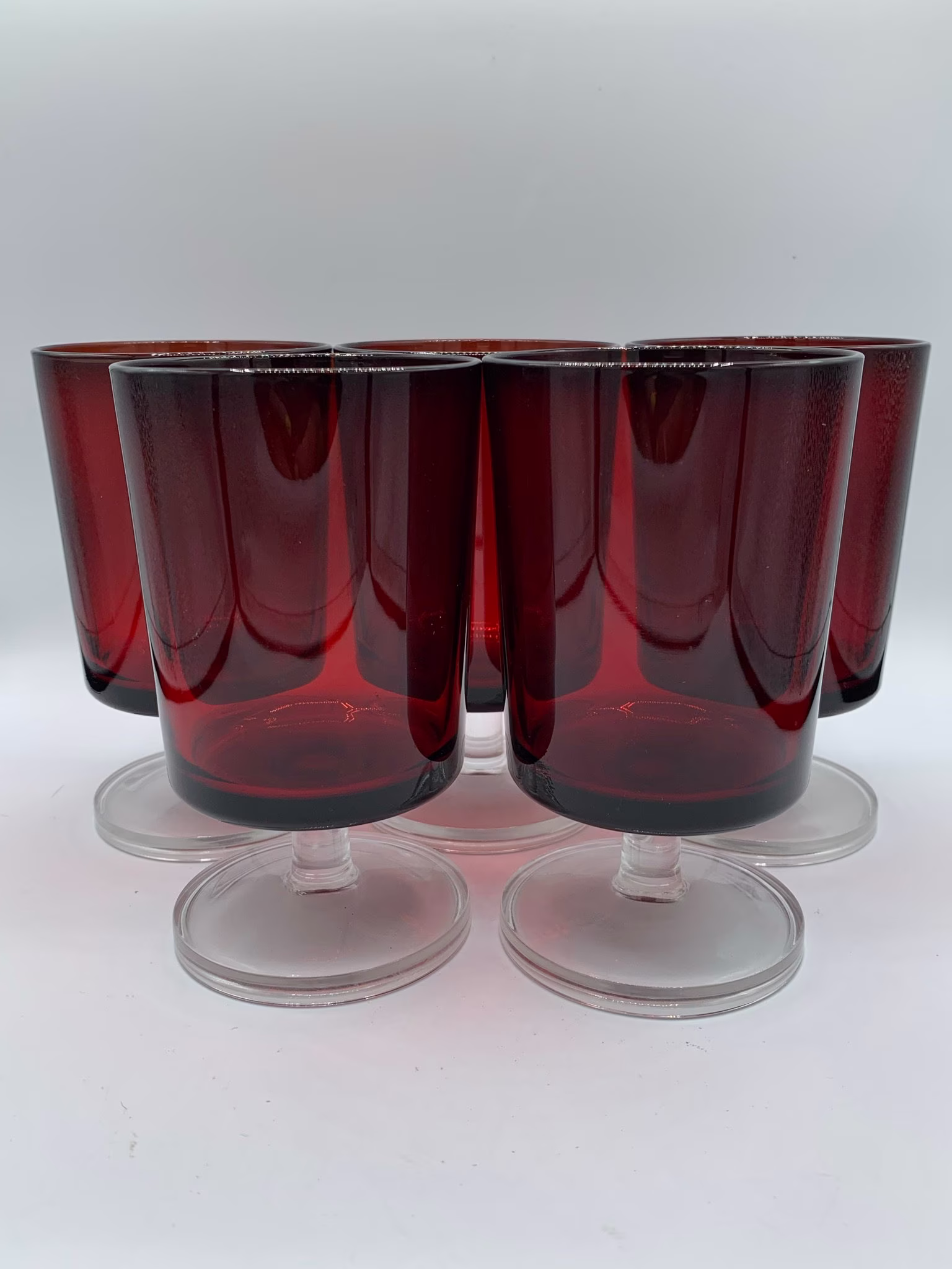 Vintage Luminarc Arcoroc Ruby Red Pedestal Wine Glasses France - Set Of Five