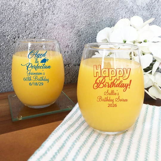 Set Of 24 | Birthday Design Personalized Stemless 9 Ounce Glass Wine Montereytimes Dm4 40Th Favors