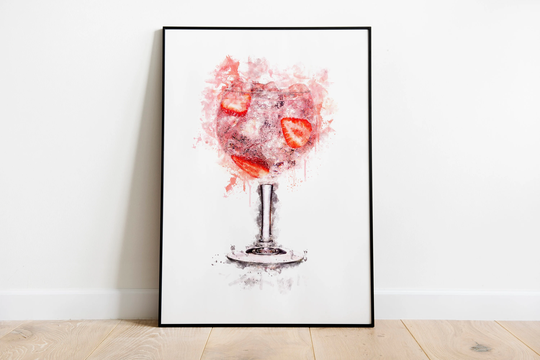 Watercolour Splash Gin & Strawberries Glass Print, 2020 Wall Art A4 A3 A2 A1 Home Decor, Poster, Artwork