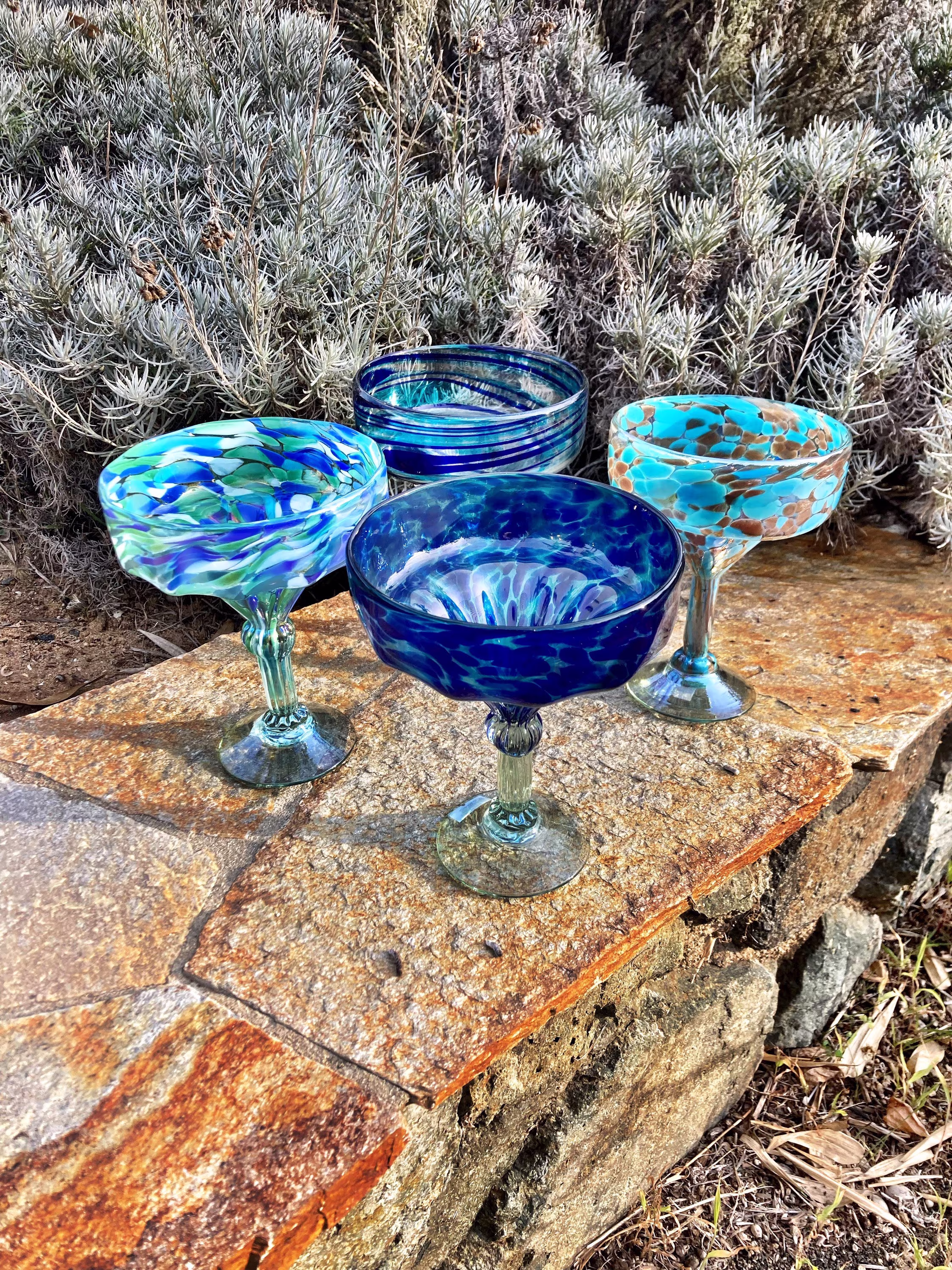 4 Hand Blown Margarita Glasses - Blue Color Selection