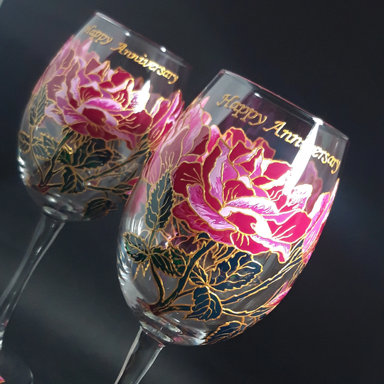 Pink Rose Flower Wine Glasses, Hand Painted, Set Of 2, Stemmed, Floral Mother's Day Gifts For Mom, Custom Glasses