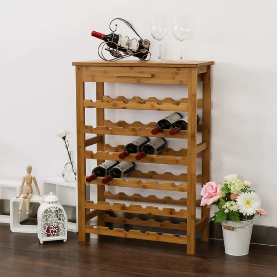 6-Tier Bamboo Wine Rack With Drawer, Standing Storage Rack With 36 Bottles Holder For Bar, Wine Cellar, Basement, Cabinet, Pantry, Kitchen
