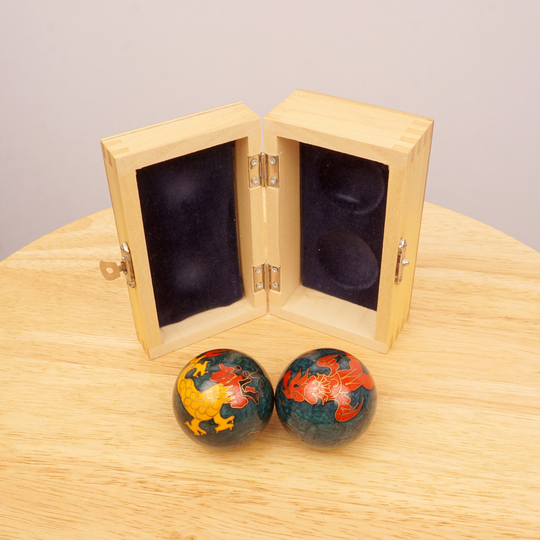 Chinese Iron Balls || Dragon Design Hinged Wood Lid Original Box Fabric Inlay Music Instrument