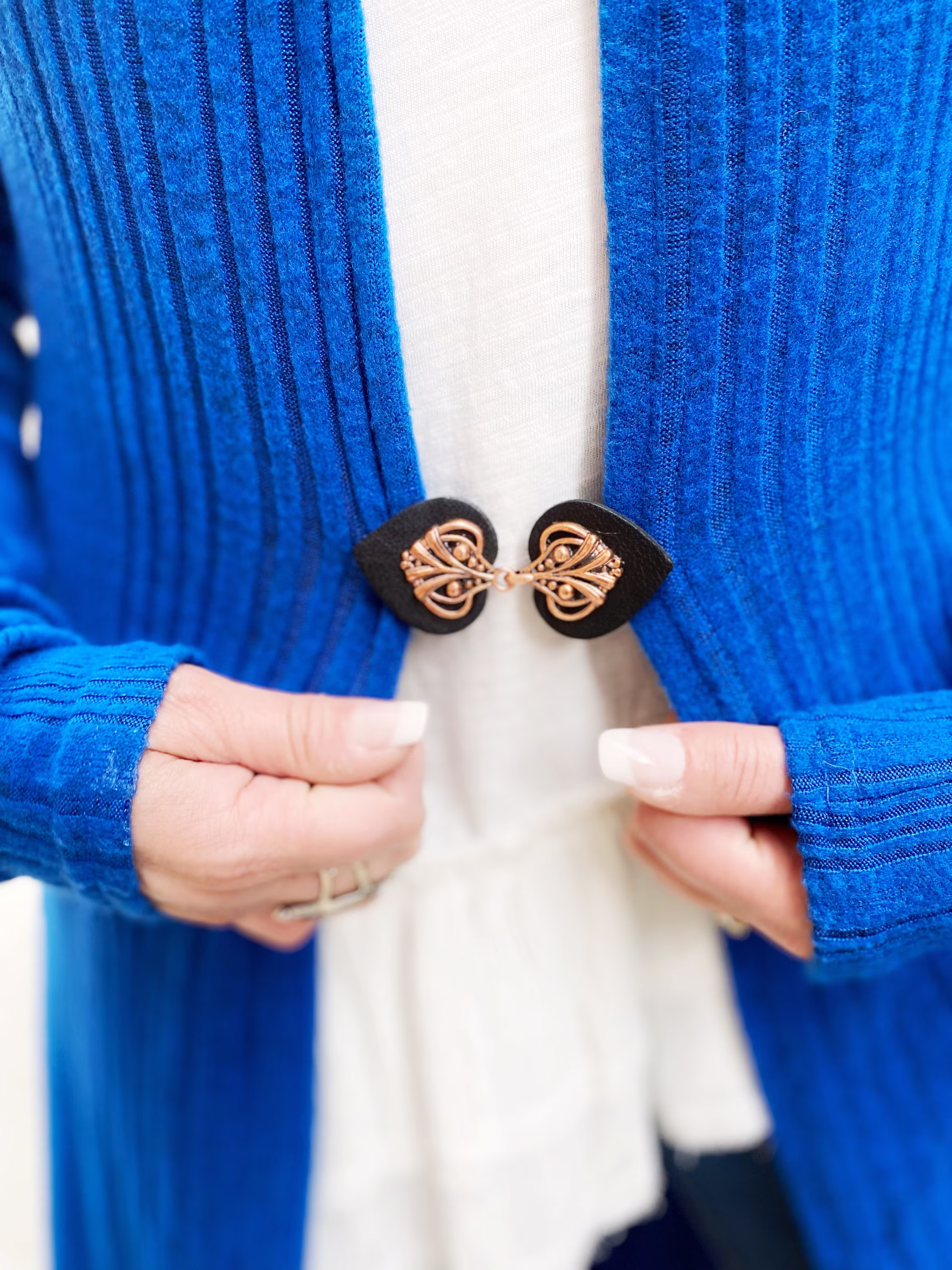 Sweater Clip | Copper On Black Leather Dress Clips Cloak Clasp Cinch Cardigan Unique Gift No Slip Kardiklips