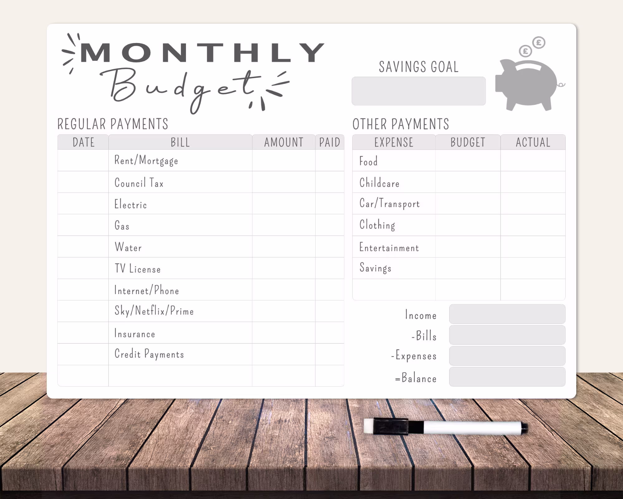 Monthly Family Budget Planner Whiteboard - Large A3 Write & Wipe Clean Finance Tracker Personalised Dry