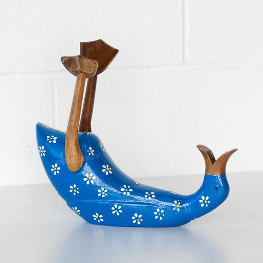 Blue Floral Pattern Teak Wood Novelty Drunken Duck Single Wine Bottle Holder Stand Natural Wooden Ornament Gift