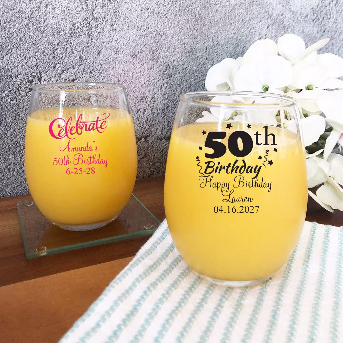 Set Of 24 | 50Th Birthday Design Personalized Stemless Wine Glass Favors Montereytimes Dm13 Birthday