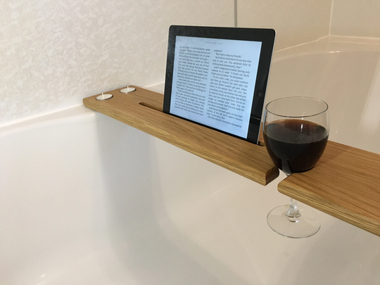Solid Oak Wooden Bath Caddy | Tray With Wine & Tablet Holder Danish Oil Board
