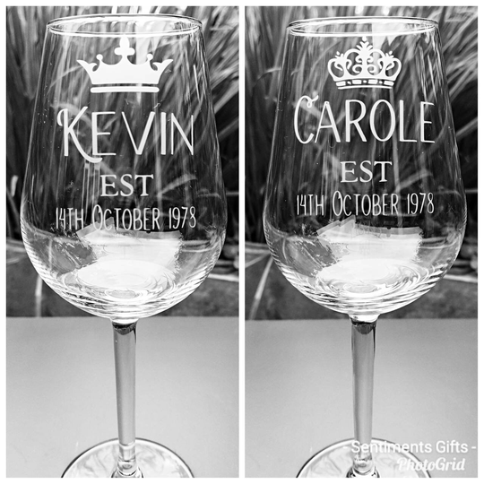 Pair Of Engraved King & Queen Wine Glasses - Personalised With Names & Dates Crown New Handmade Anniversary Gift