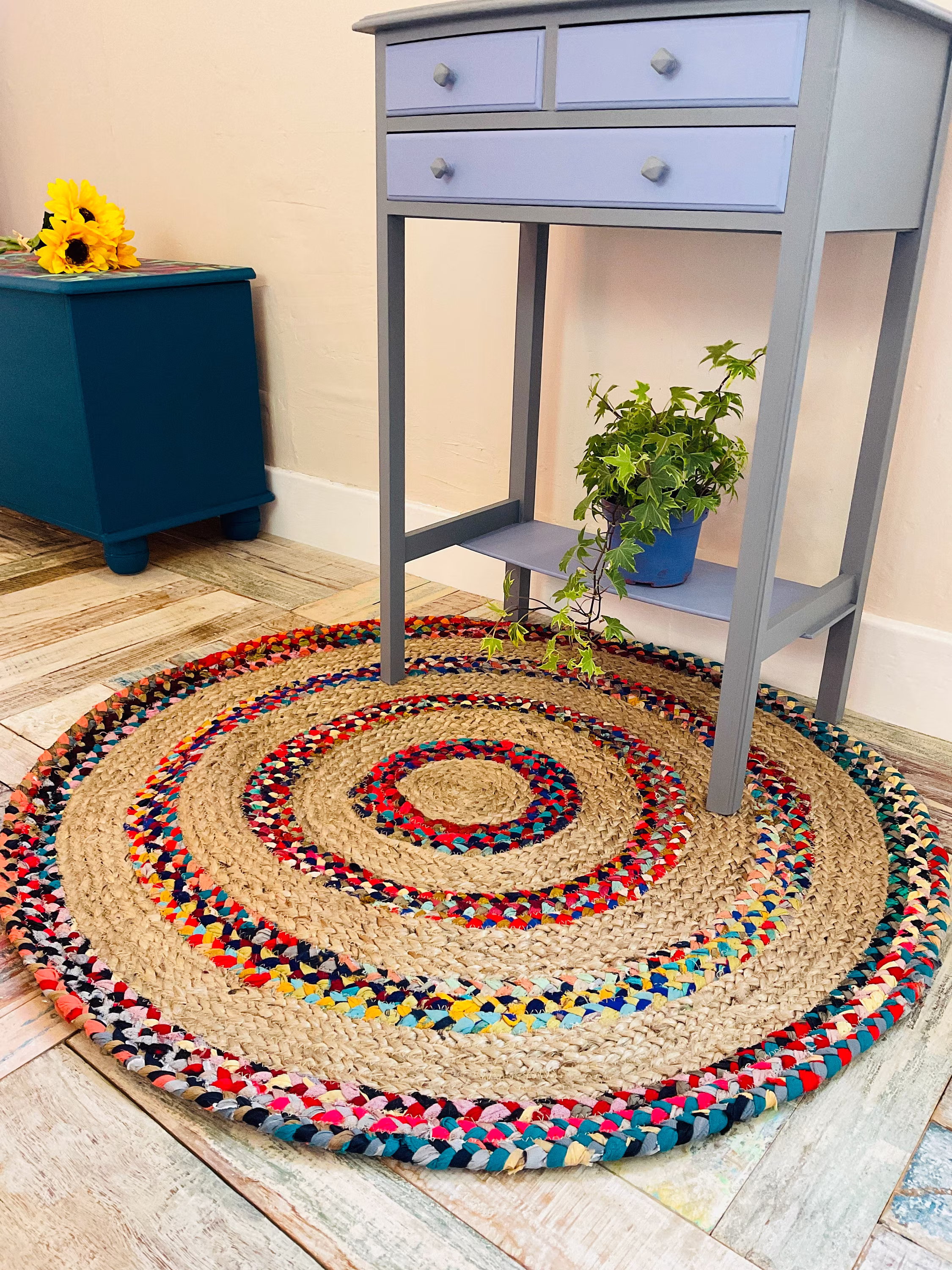 Fiesta Braided Round Rug Flat Weave With Natural Jute & Multi Colour Recycled Material - Small Medium Large Or Extra
