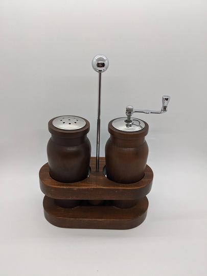 Vintage Teak Salt & Pepper Set in Stand Olde Thompson
