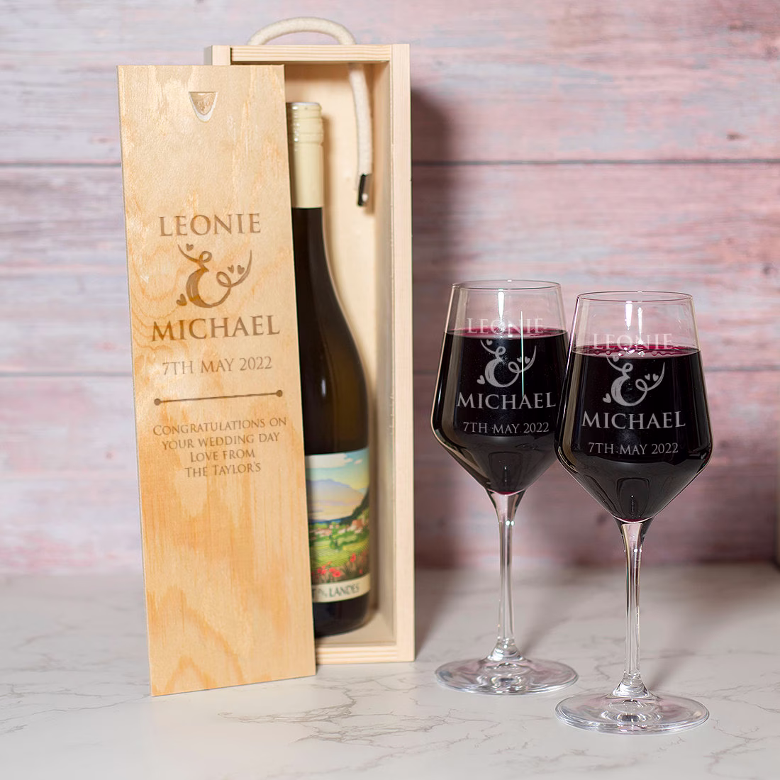 Personalised Love Heart Names & Special Date Wedding Anniversary Wine Bottle Gift Box Glasses