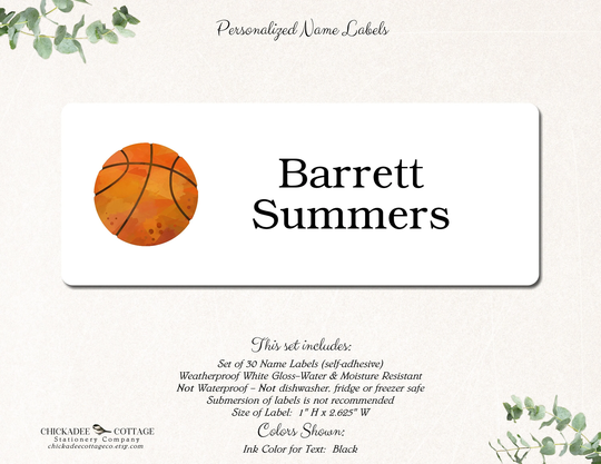 School Supply Labels Basketball, Name Stickers, For Boys, Personalized Labels, Custom Basketball